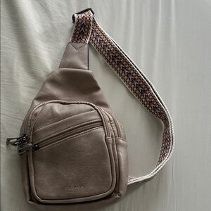 Taupe Crossbody Sling Bag with Patterned Strap